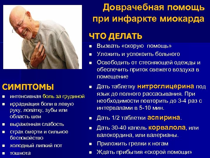 Доврачебная помощь при инфаркте миокарда ЧТО ДЕЛАТЬ n n n СИМПТОМЫ n n n