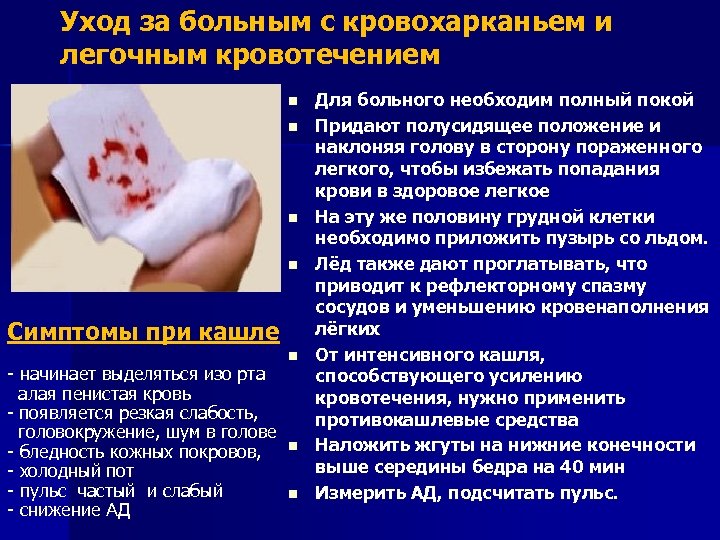 Уход за больным с кровохарканьем и легочным кровотечением n n Симптомы при кашле -