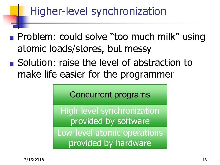 Higher-level synchronization n n Problem: could solve “too much milk” using atomic loads/stores, but