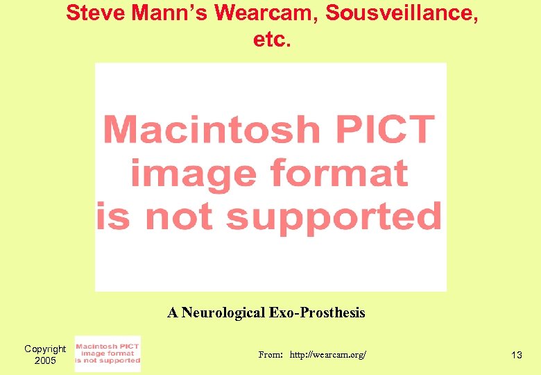 Steve Mann’s Wearcam, Sousveillance, etc. A Neurological Exo-Prosthesis Copyright 2005 From: http: //wearcam. org/