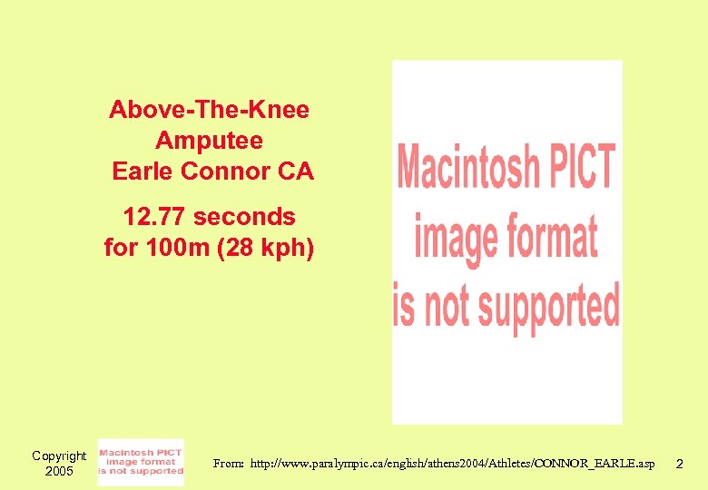 Above-The-Knee Amputee Earle Connor CA 12. 77 seconds for 100 m (28 kph) Copyright