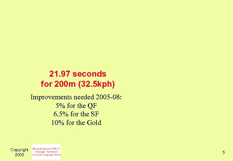 21. 97 seconds for 200 m (32. 5 kph) Improvements needed 2005 -08: 5%