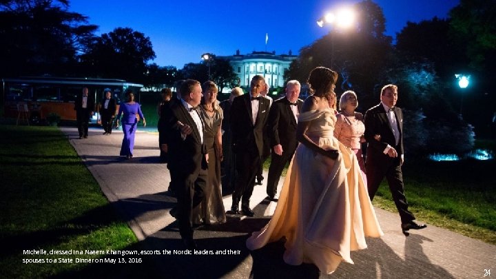 Michelle, dressed in a Naeem Khan gown, escorts the Nordic leaders and their spouses