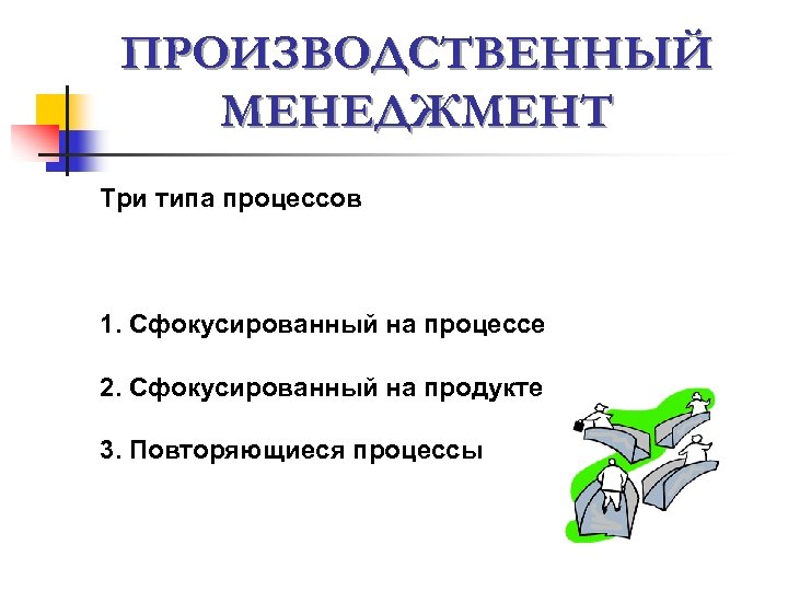 ПРОИЗВОДСТВЕННЫЙ МЕНЕДЖМЕНТ Три типа процессов 1. Сфокусированный на процессе 2. Сфокусированный на продукте 3.