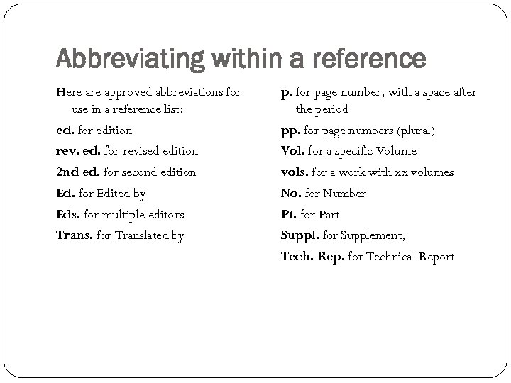 Abbreviating within a reference Here approved abbreviations for use in a reference list: ed.