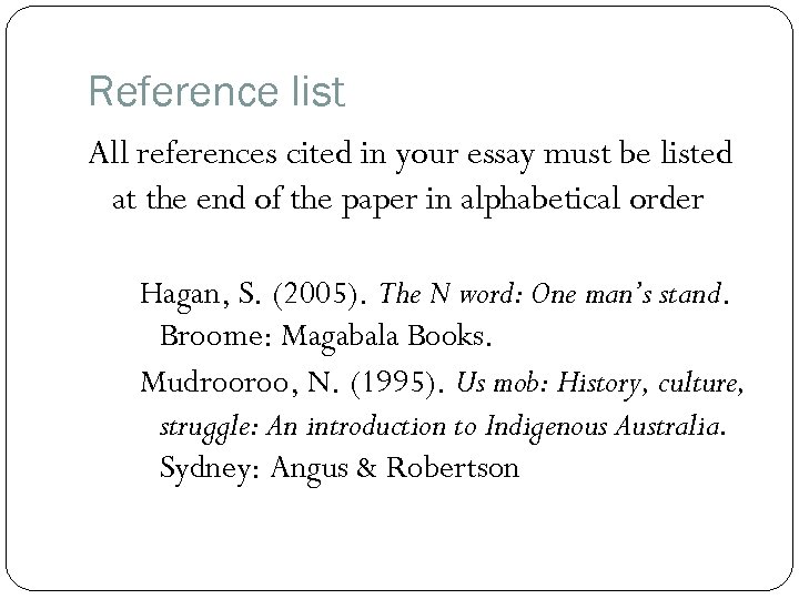 Reference list All references cited in your essay must be listed at the end