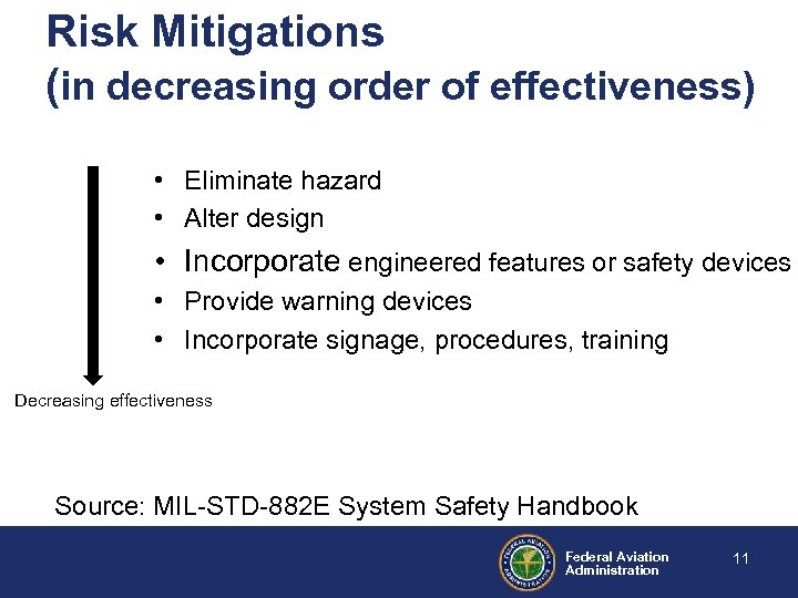 Risk Mitigations (in decreasing order of effectiveness) • Eliminate hazard • Alter design •