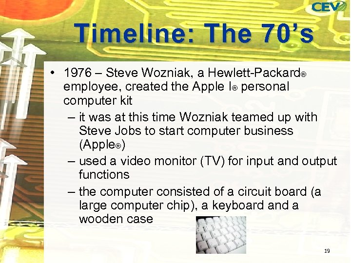 Timeline: The 70’s • 1976 – Steve Wozniak, a Hewlett-Packard® employee, created the Apple