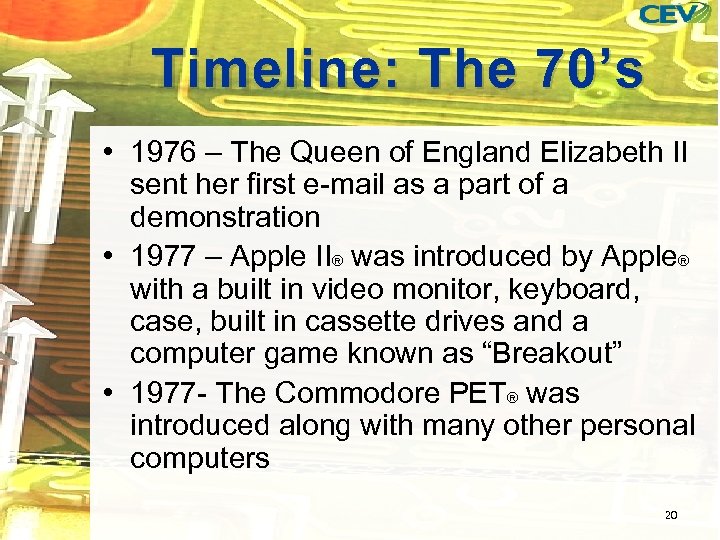 Timeline: The 70’s • 1976 – The Queen of England Elizabeth II sent her