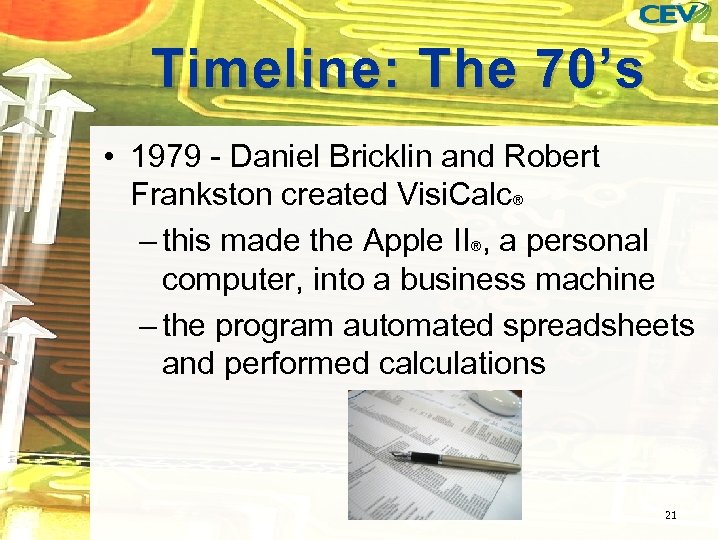 Timeline: The 70’s • 1979 - Daniel Bricklin and Robert Frankston created Visi. Calc®