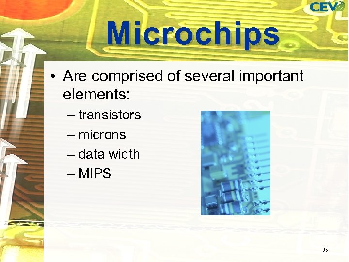 Microchips • Are comprised of several important elements: – transistors – microns – data