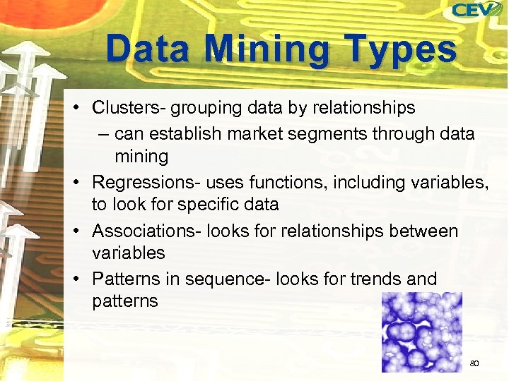 Data Mining Types • Clusters- grouping data by relationships – can establish market segments