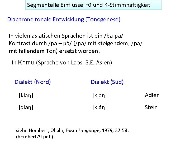 Segmentelle Einflüsse: f 0 und K-Stimmhaftigkeit Diachrone tonale Entwicklung (Tonogenese) In vielen asiatischen Sprachen