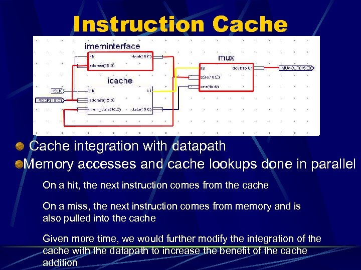 Instruction Cache integration with datapath Memory accesses and cache lookups done in parallel On