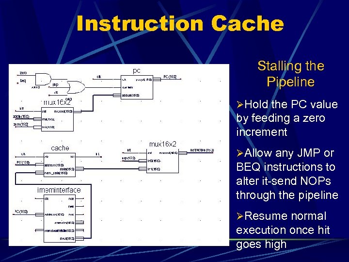 Instruction Cache Stalling the Pipeline ØHold the PC value by feeding a zero increment