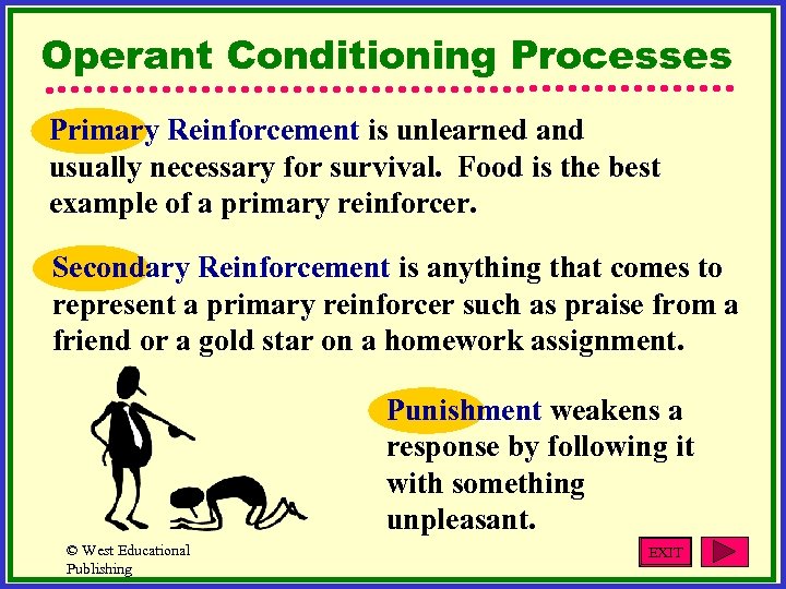 Operant Conditioning Processes Primary Reinforcement is unlearned and usually necessary for survival. Food is