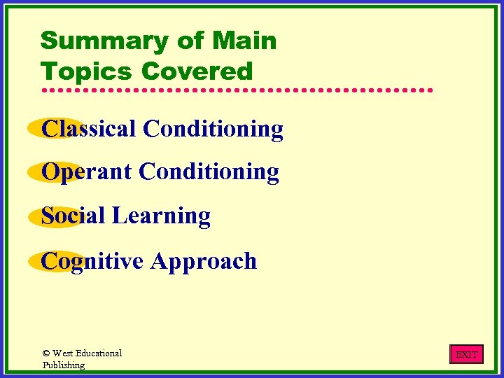 Summary of Main Topics Covered Classical Conditioning Operant Conditioning Social Learning Cognitive Approach ©