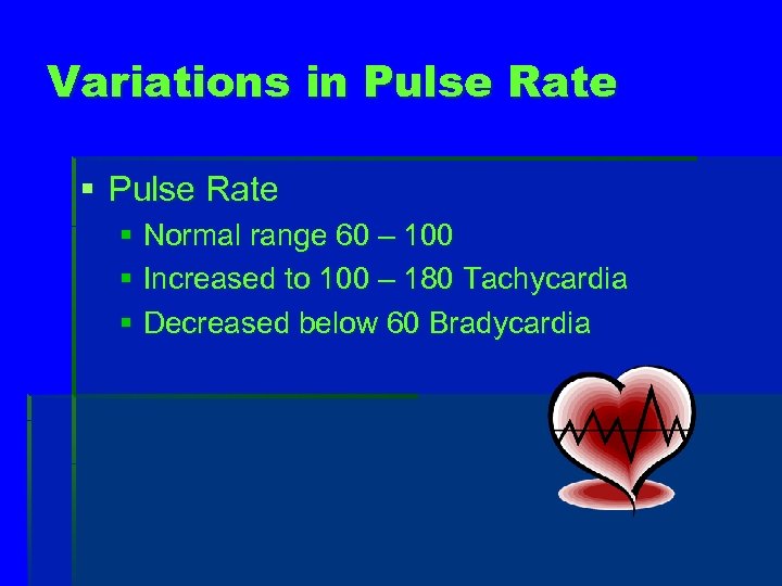 Variations in Pulse Rate § Normal range 60 – 100 § Increased to 100