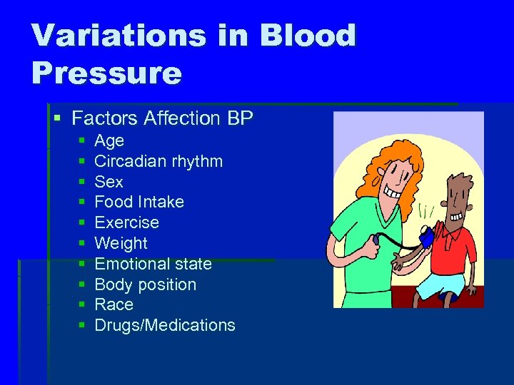 Variations in Blood Pressure § Factors Affection BP § § § § § Age