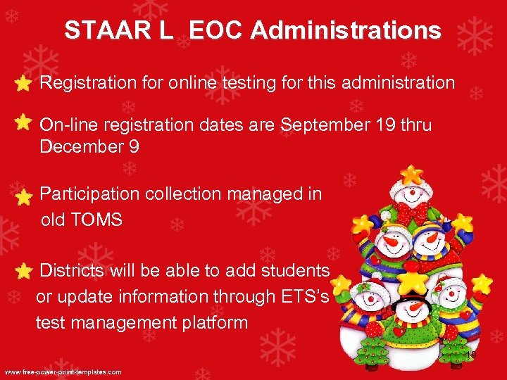 STAAR L EOC Administrations • Registration for online testing for this administration • On-line