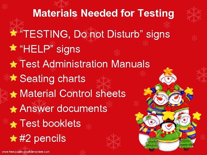 Materials Needed for Testing • • “TESTING, Do not Disturb” signs TESTING “HELP” signs