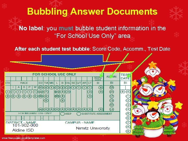 Bubbling Answer Documents No label: you must bubble student information in the “For School