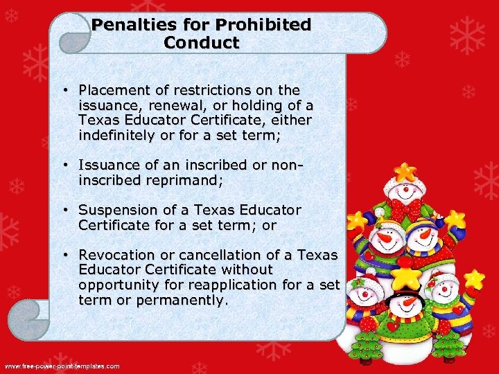 Penalties for Prohibited Conduct • Placement of restrictions on the issuance, renewal, or holding