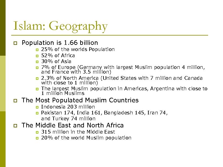 Islam: Geography p Population is 1. 66 billion p p p p The Most