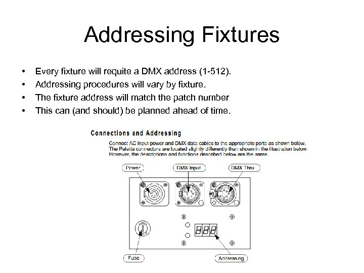 Addressing Fixtures • • Every fixture will requite a DMX address (1 -512). Addressing