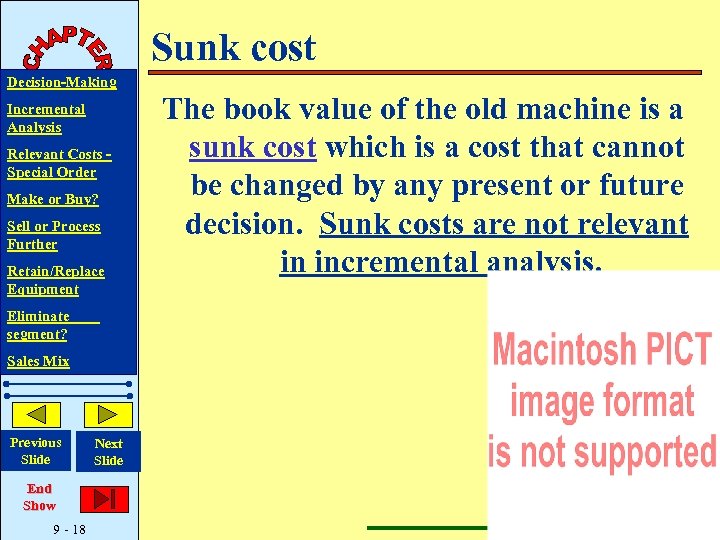 Sunk cost Decision-Making Incremental Analysis Relevant Costs Special Order Make or Buy? Sell or