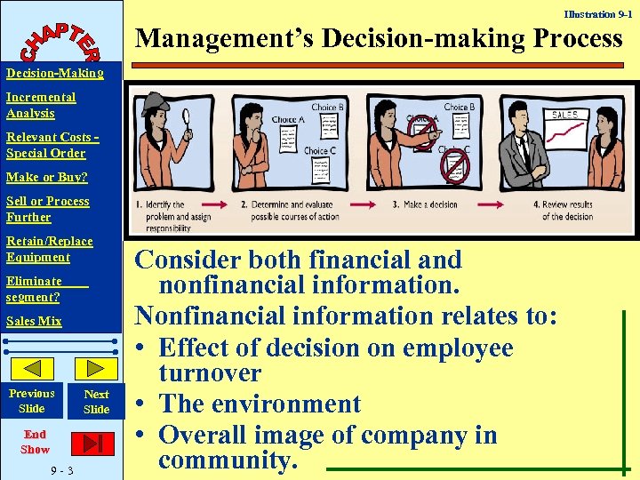 Illustration 9 -1 Management’s Decision-making Process Decision-Making Incremental Analysis Relevant Costs Special Order Make