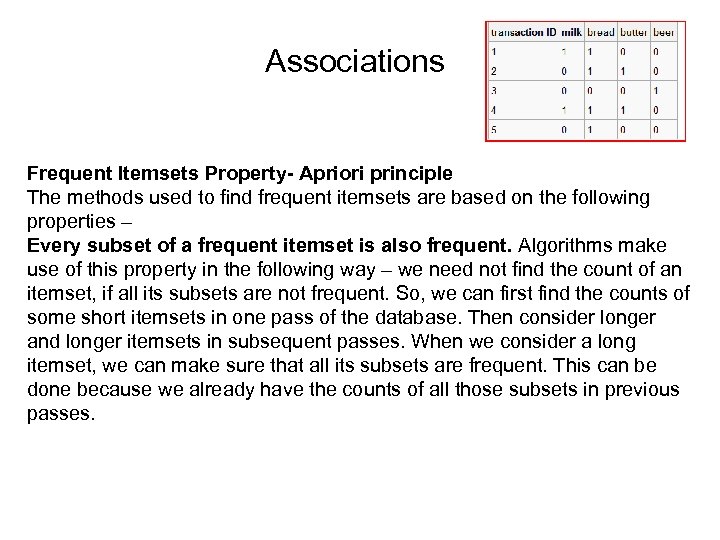 Associations Frequent Itemsets Property- Apriori principle The methods used to find frequent itemsets are