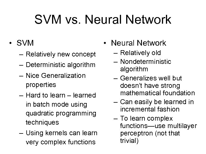 SVM vs. Neural Network • SVM – Relatively new concept – Deterministic algorithm –