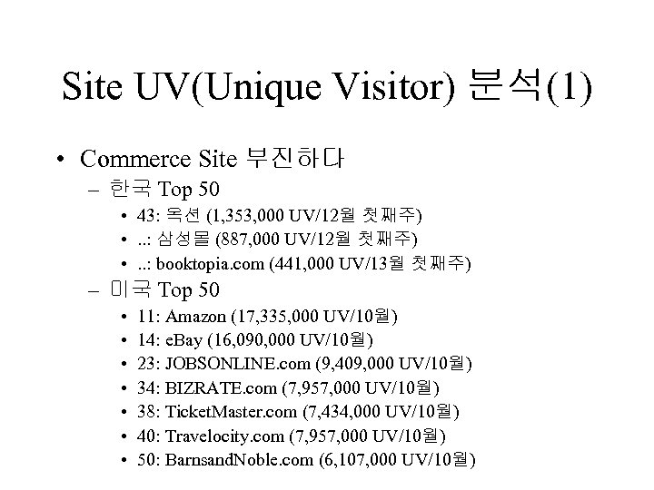 Site UV(Unique Visitor) 분석(1) • Commerce Site 부진하다 – 한국 Top 50 • 43: