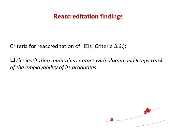 Reaccreditation findings Criteria for reaccreditation of HEIs (Criteria 3. 6. ): q. The institution
