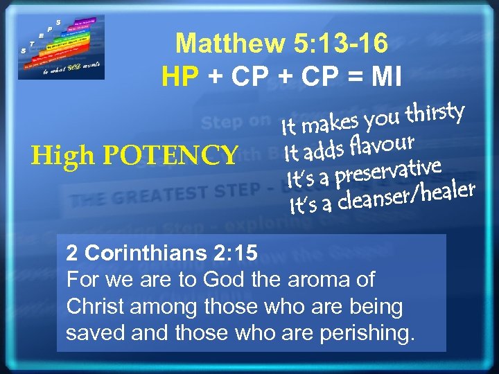 Matthew 5: 13 -16 HP + CP = MI High POTENCY you thirsty It