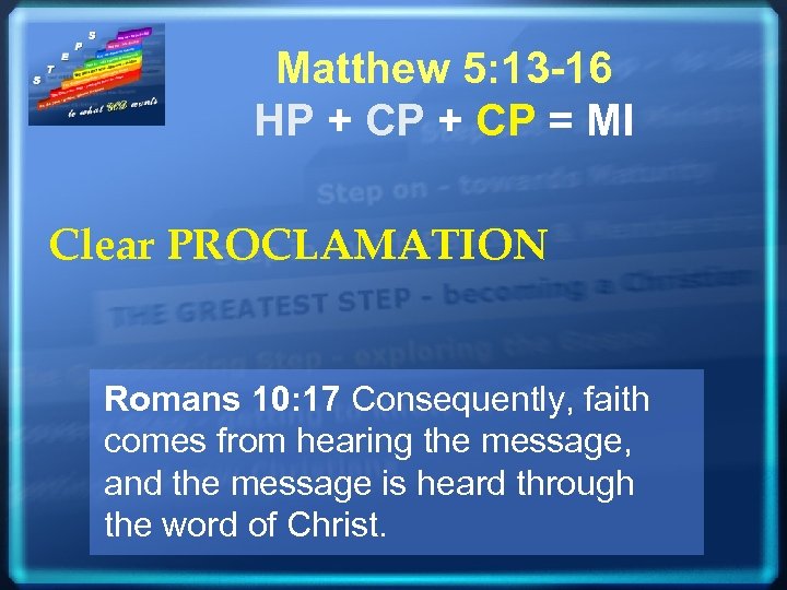 Matthew 5: 13 -16 HP + CP = MI Clear PROCLAMATION Romans 10: 17
