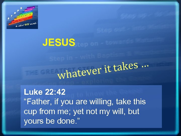 JESUS takes … ver it whate Luke 22: 42 “Father, if you are willing,