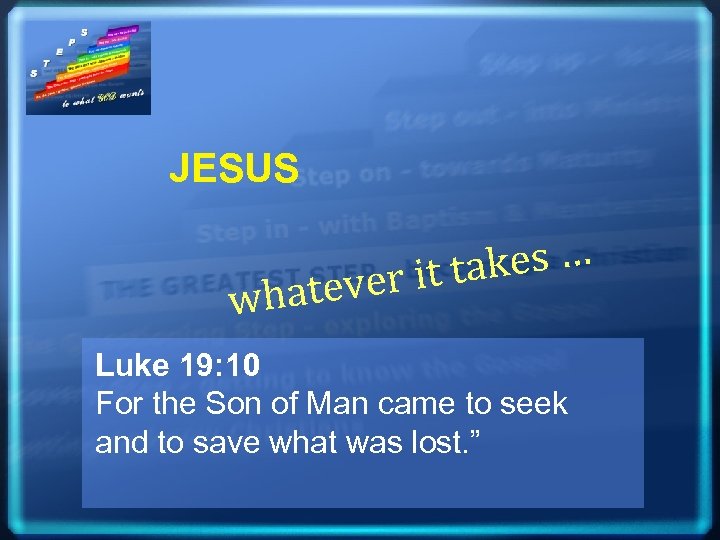 JESUS takes … ver it whate Luke 19: 10 For the Son of Man