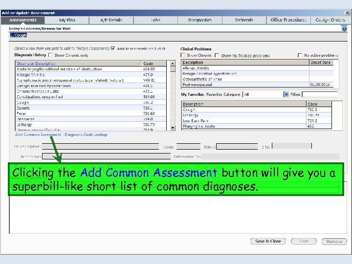 Clicking the Add Common Assessment button will give you a superbill-like short list of