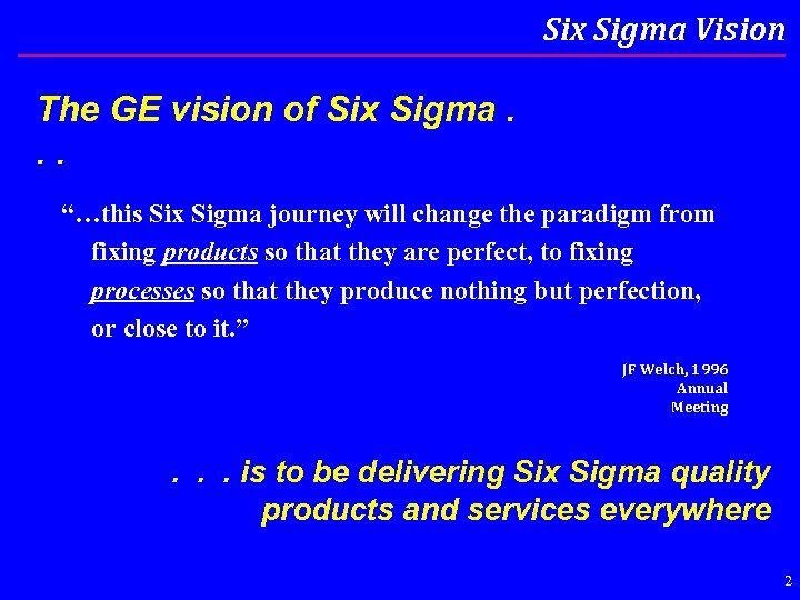 Six Sigma Vision The GE vision of Six Sigma. . . “…this Six Sigma