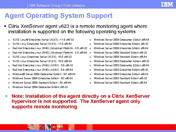 IBM Software Group | Tivoli software Agent Operating System Support Citrix Xen. Server agent