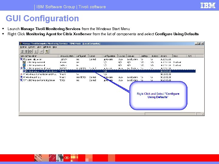 IBM Software Group | Tivoli software GUI Configuration Launch Manage Tivoli Monitoring Services from