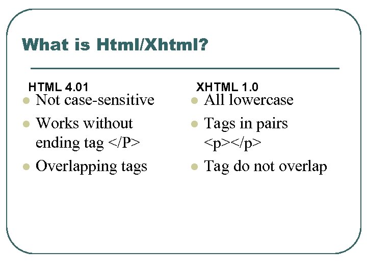What is Html/Xhtml? HTML 4. 01 l Not case-sensitive l l Works without ending