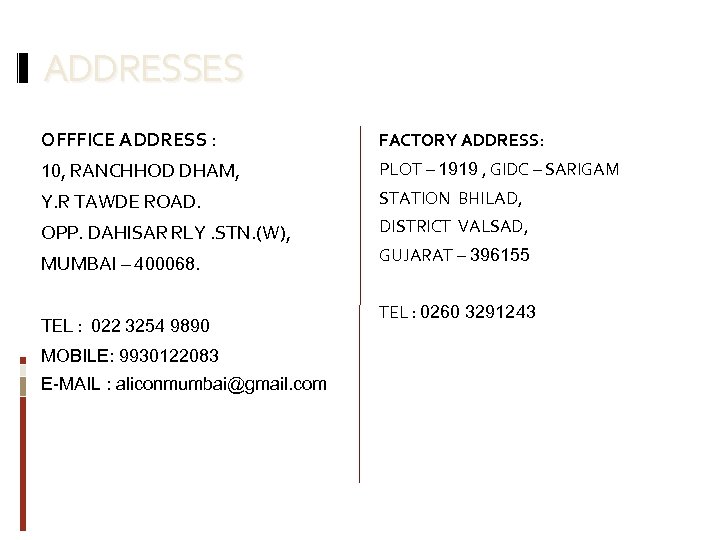 ADDRESSES OFFFICE ADDRESS : FACTORY ADDRESS: 10, RANCHHOD DHAM, PLOT – 1919 , GIDC