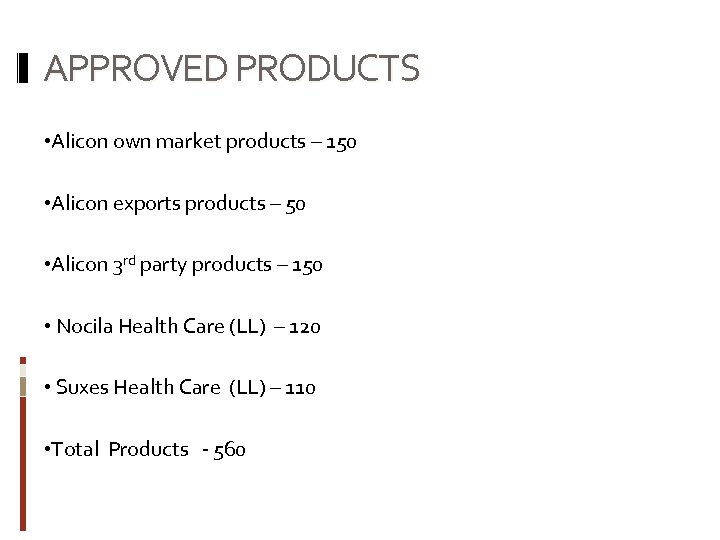 APPROVED PRODUCTS • Alicon own market products – 150 • Alicon exports products –