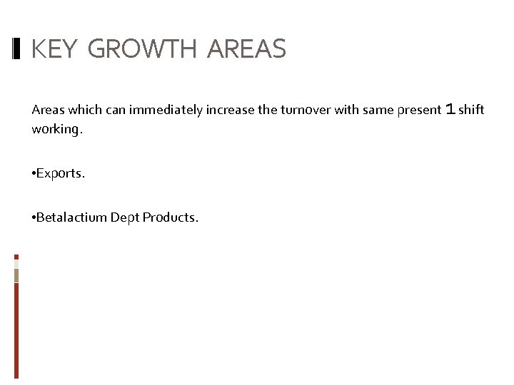KEY GROWTH AREAS Areas which can immediately increase the turnover with same present working.