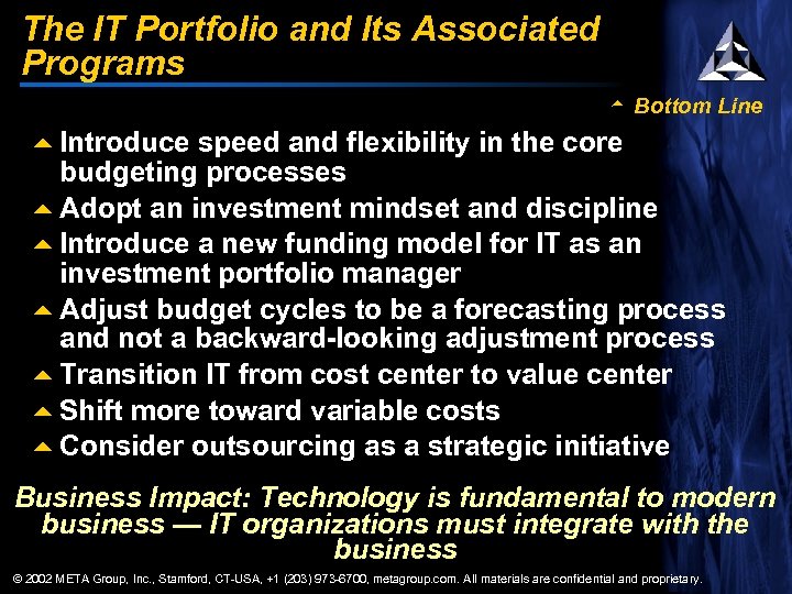 The IT Portfolio and Its Associated Programs t Bottom Line 5 Introduce speed and