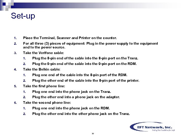 Set-up 1. Place the Terminal, Scanner and Printer on the counter. 2. For all