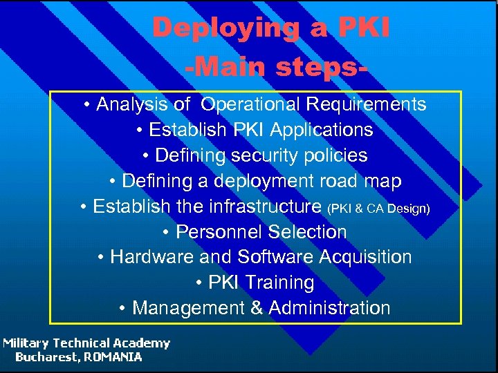 Deploying a PKI -Main steps • Analysis of Operational Requirements • Establish PKI Applications